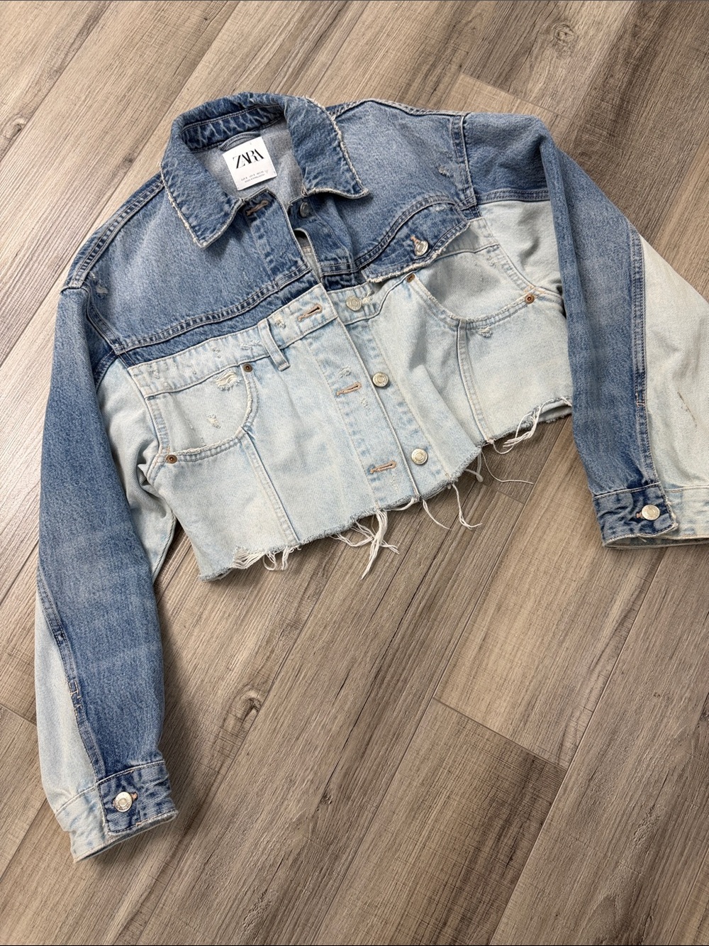 Zara Two-Tone Cropped Denim Jacket - Light Blue & Medium Blue